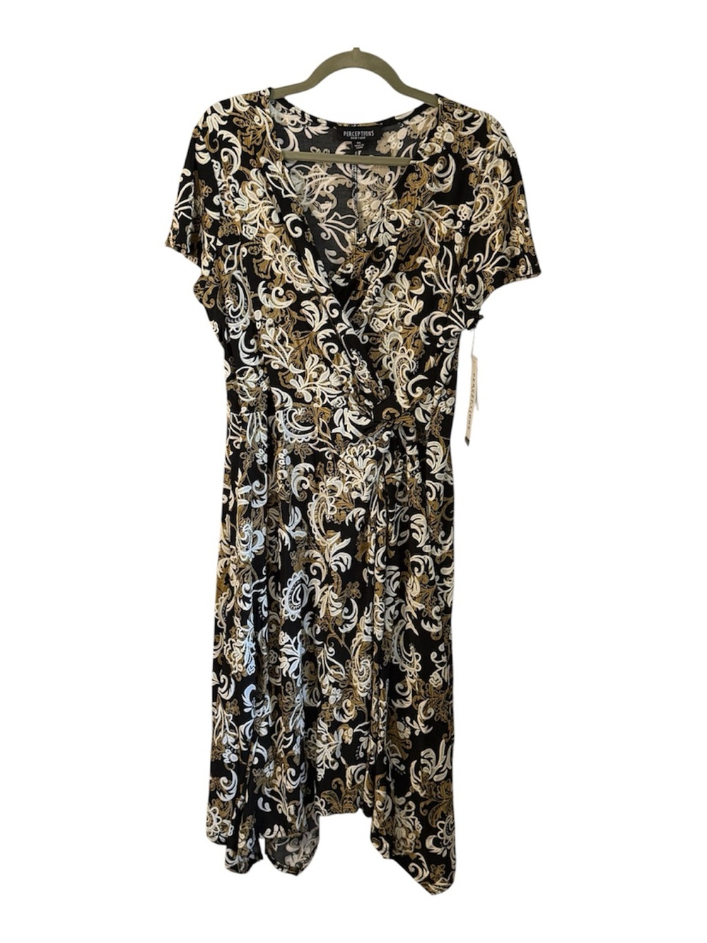 Perceptions New York Women’s XL Faux Wrap Midi Dress Black Gold Paisley Stretch